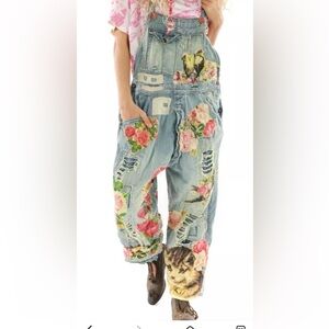 Magnolia Pearl floral appliqué denim overalls  hand-distressing, fading